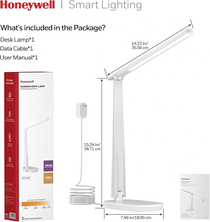 HONEYWELL Desk Lamp for Home Office, Dimmable LED Desk Light with USB A+C Dual Charging, 4 Modes Brightness Touch Lamp with Timer, Eye Caring Foldable Reading Light, Table Lamp for Study Nightstand-DeskLoop Office
