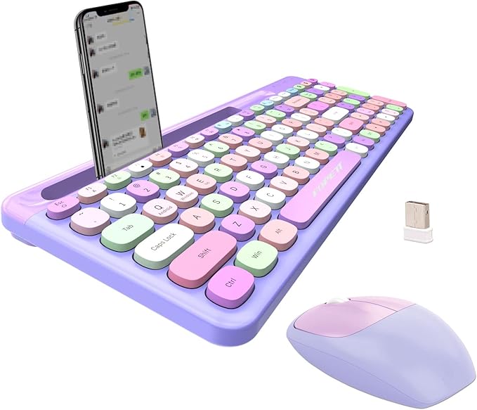 FOPETT Wireless Keyboard and Mouse Combo, 100 Keys Full-Sized 2.4 GHz Round Keycap Colorful Keyboards, USB Receiver Plug and Play, for Windows, Mac, PC, Laptop, Desktop (Purplecolorful)-DeskLoop Office