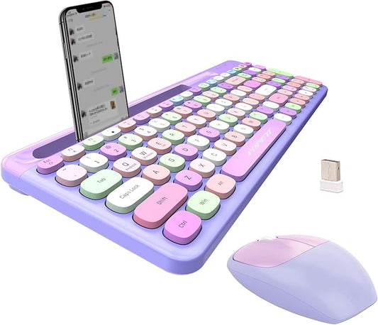 FOPETT Wireless Keyboard and Mouse Combo, 100 Keys Full-Sized 2.4 GHz Round Keycap Colorful Keyboards, USB Receiver Plug and Play, for Windows, Mac, PC, Laptop, Desktop (Purplecolorful)-DeskLoop Office
