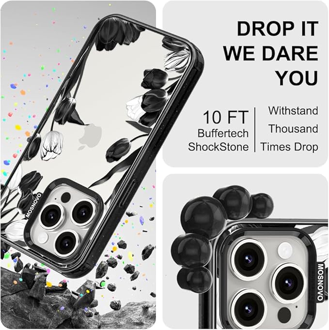 MOSNOVO Case for iPhone 15 Pro, [10ft 4X Military-Grade Drop Protection] Durable & Shockproof Phone Case Cover Design for iPhone 15 Pro - Black White Tulips - Clear Black-DeskLoop Office