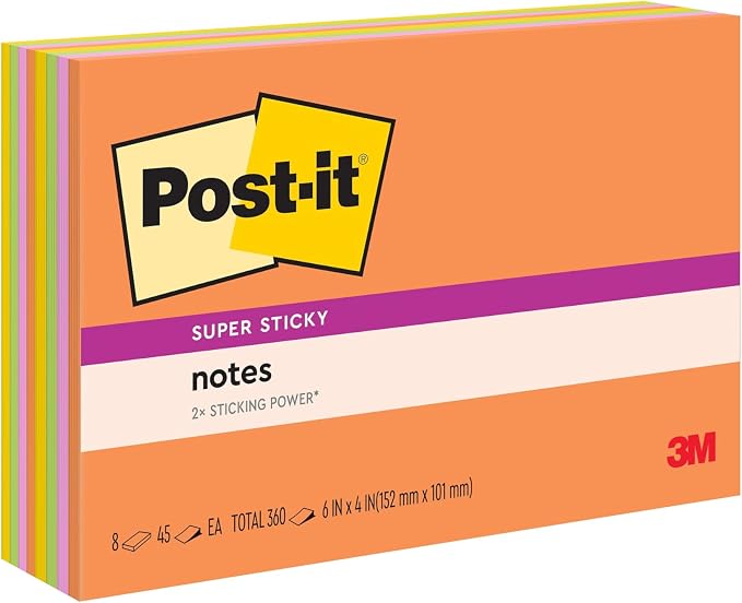 Post-it Super Sticky Notes, 6 x 4 in, Neon Fizz, 8 Pads, 45 Sheets/Pad | School by Unknown