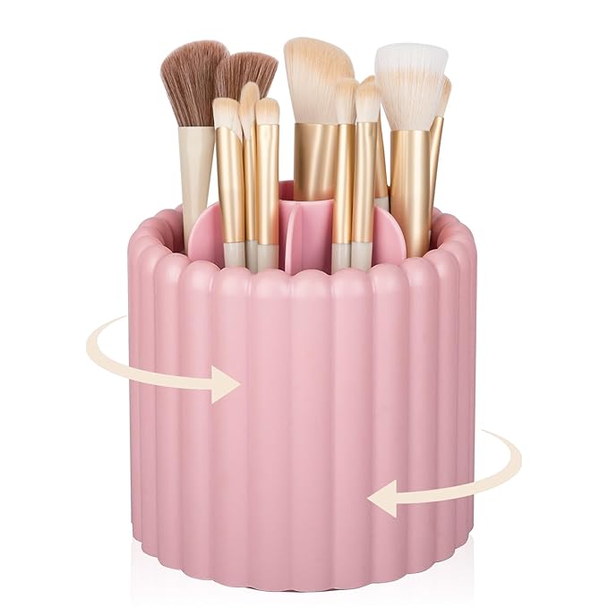 Anyoifax 360 Rotating Makeup Brush Holder 7 Slots Make Up Brush Organizer Removable Spinning Cosmetic Brushes Storage Pen Holder for Vanity, Dresser, Desk, Pink-DeskLoop Office