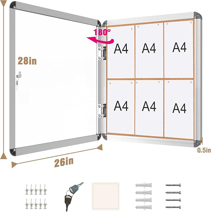28"x26" Enclosed Bulletin Board, Lockable Weather-Resistant Aluminum Cork Noticeboard for School & Office, Silver Frame w/Cork-DeskLoop Office