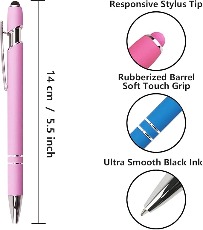 Ballpoint Pen with Stylus Tip, Soft Touch Click Metal Pen, 1.0mm Medium Point, Black Ink, 12 Count(Light Purple)-DeskLoop Office