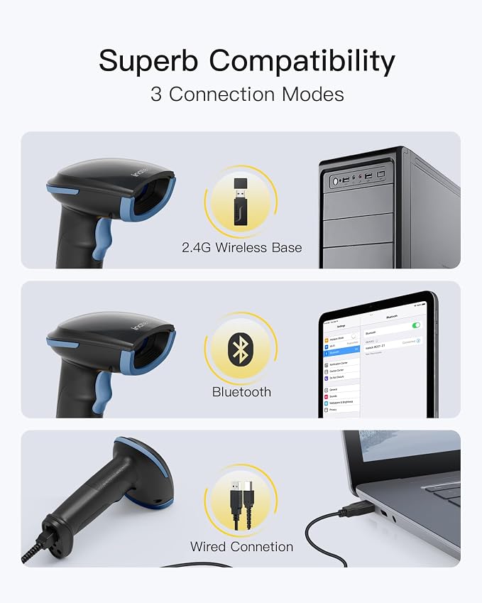 Inateck 2D Barcode Scanner, Wireless Bluetooth QR Barcode Scanner, Handheld - Image 4