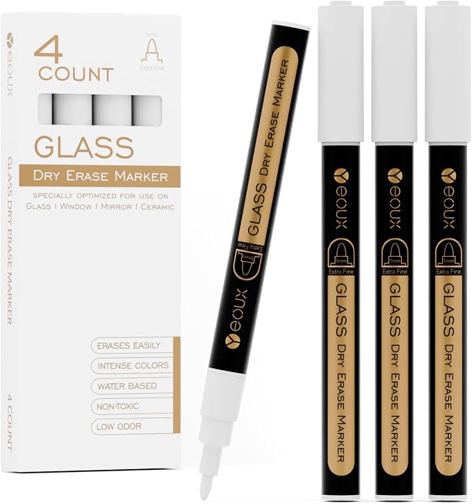 YEOUX Dry Erase Markers for Glass Board, 4 Pack | 1mm Ultra-Fine Tip, Easy Wipe by Yeoux