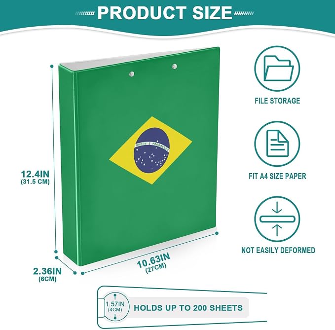 Brazil Flag 3-Ring Binder, 1.5 Inch D-Ring Organizer Folder Clipboard Binder - Image 5