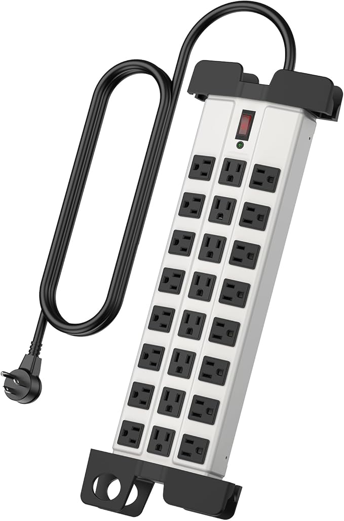 HHSOET Heavy Duty Power Strip with Surge Protection, Industrial Commercial Metal 24 Outlets Wall Mount for Garage Shop, 15 Amp, Switch, 6FT Extension Cord, Grey.-DeskLoop Office