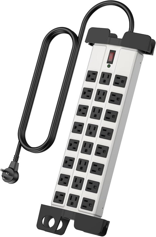 HHSOET Heavy Duty Power Strip with Surge Protection, Industrial Commercial Metal 24 Outlets Wall Mount for Garage Shop, 15 Amp, Switch, 6FT Extension Cord, Grey.-DeskLoop Office