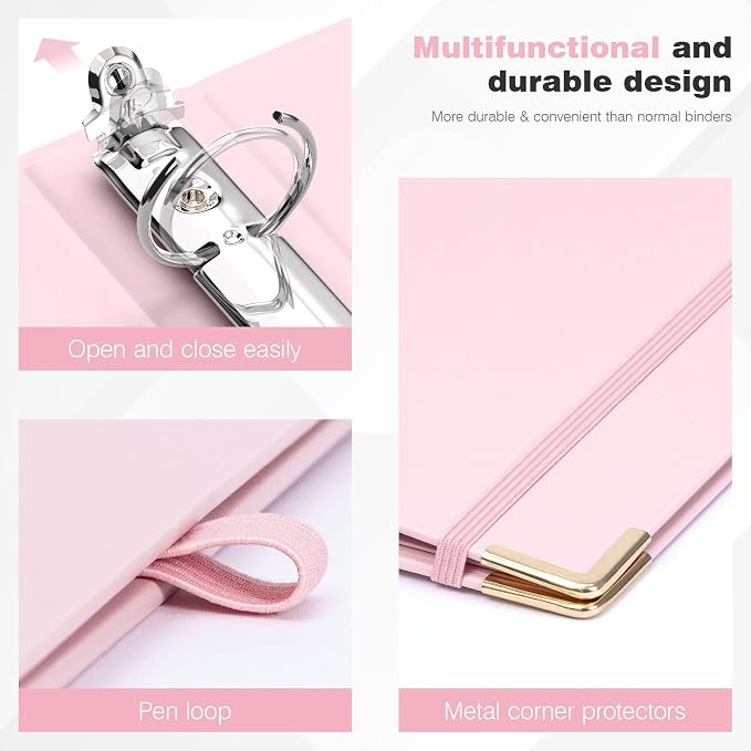 Ospelelf Binder 3 Ring 1 Inch, Solid Pink Round Ring Clipboard Binder - Image 4
