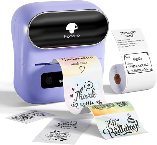 Phomemo M220 Label Maker, Bluetooth Thermal Label Maker Machine for Barcode, Address, Home, Mailing, Small Business,Clothing, Portable Wireless Printer with 1 Rolls Label, Purple-DeskLoop Office