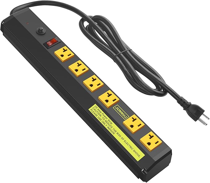 JUNNUJ Heavy Duty Metal Power Strip 20 Amp, High Amp Surge Protector 6 Outlet, 20A Power Strips Workshop Industrial Outlets Wide Spaced 6-20R T-Slot with Circuit Breaker, 12 Gauge Extension Cord 15ft-DeskLoop Office