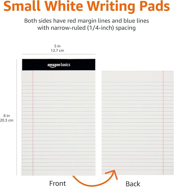 Amazon Basics Narrow Ruled Lined Writing Note Pad, 5 inch x 8 inch, White, 12 Count (12 Pack of 50 pages)-DeskLoop Office