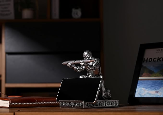 Windbreaker Soldier Knight Pen Holder Personalized Desk Accessory, Mobile Phone & Gaming Controller Holder, Device Stand Gift for Medieval Enthusiasts (Silver)-DeskLoop Office