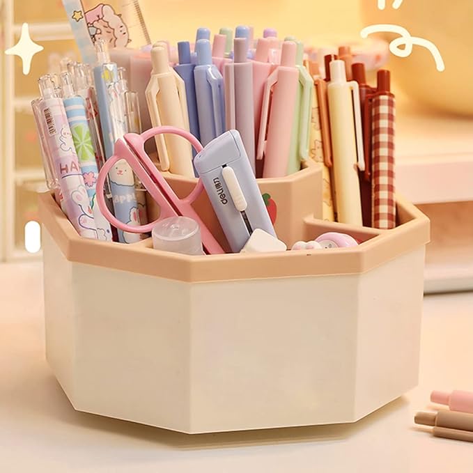 Desk Organizer, 360-Degree Rotating Multi-Functional Pen Holder, 5 Compartments Desktop Stationary Organizer, Home Office Art Supply Storage Box Caddy (White+Pink)-DeskLoop Office