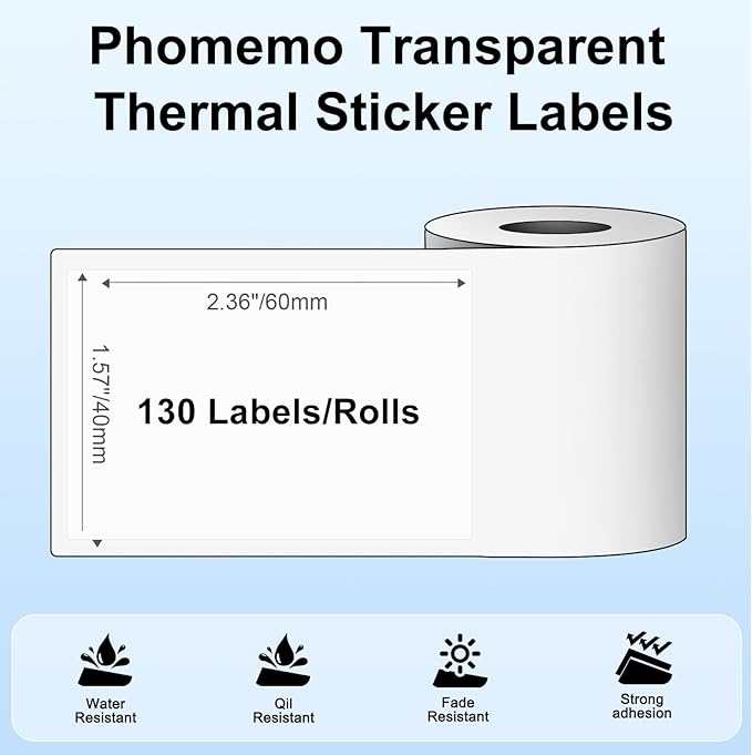 3 Rolls Phomemo Transparent Labels, 1.57'' x 2.36'' (40 x 60mm) Sticker for Phomemo M220 M110 M108 M250 M260 M221 M120 M150 Label Maker, for Barcode, Qr Code, Box, Name-DeskLoop Office