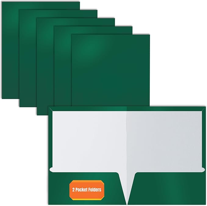 Better Office Products 2 Pocket Glossy Laminated Dark Green Paper Folders by BetterOfficeProducts
