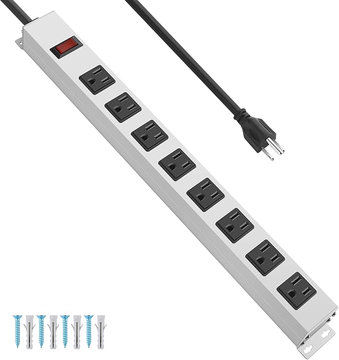 JUNNUJ Metal 8 Outlet Power Strip, Mountable Heavy Duty Power Strip, 1200J Surge Protector Wall Mount Screws Outlet with Switch, Gaming Desk Strips Wide Spaced 15A 125V 1875W, 15 FT 14AWG Power Cord-DeskLoop Office