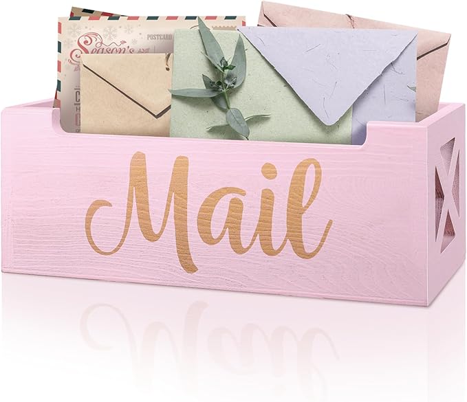 Pink Mail Organizer Cute Mail Holder Countertop, Wooden Mail Basket Mail Tray by Botop