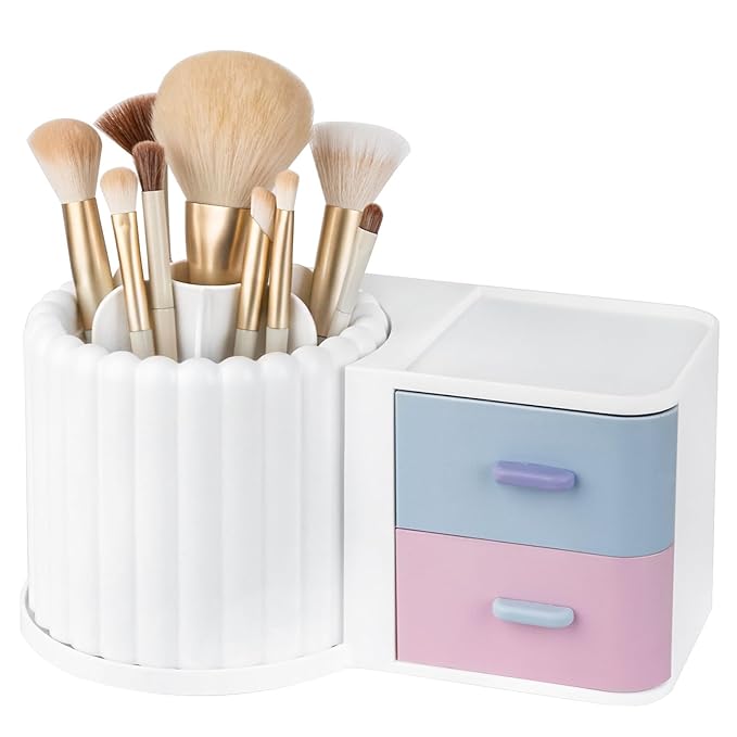 Anyoifax 360 Rotating Makeup Brush Holder 7 Slots Makeup Organizer with Drawer Removable Spinning Cosmetic Storage Pen Holder for Vanity, Dresser, Desk, Colorful-DeskLoop Office