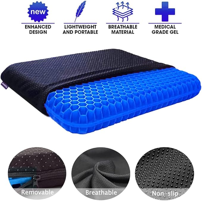 Gel Seat Cushion, Extra Large Breathable Honeycomb Gel Cushion, Absorbs Pressure Points Seat Cushion with Non-Slip Cover for Office Chair Home Cars Wheelchair (Extra Thick, Blue)-DeskLoop Office