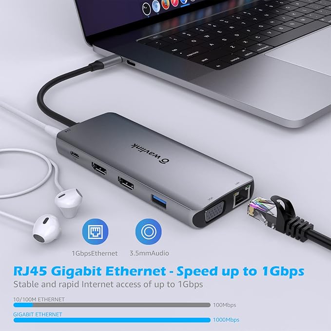 WAVLINK USB C Docking Station Dual Monitor for Dell HP Surface Lenovo MacBook Laptop, Triple Display USB-C Hub Multiport Adapter Dongle- 2 HDMI, VGA, Ethernet,100W PD, 5 USB, SD/TF Card Reader,Audio-DeskLoop Office