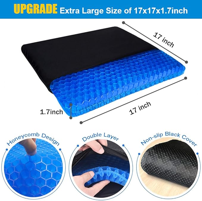 Extra Large Gel Seat Cushion, 17x17inch Double Thick Egg Gel Cushion for Pressure Pain Relief, Breathable Wheelchair Cushion Chair Pads for Car Seat Office Chair (Blue)-DeskLoop Office