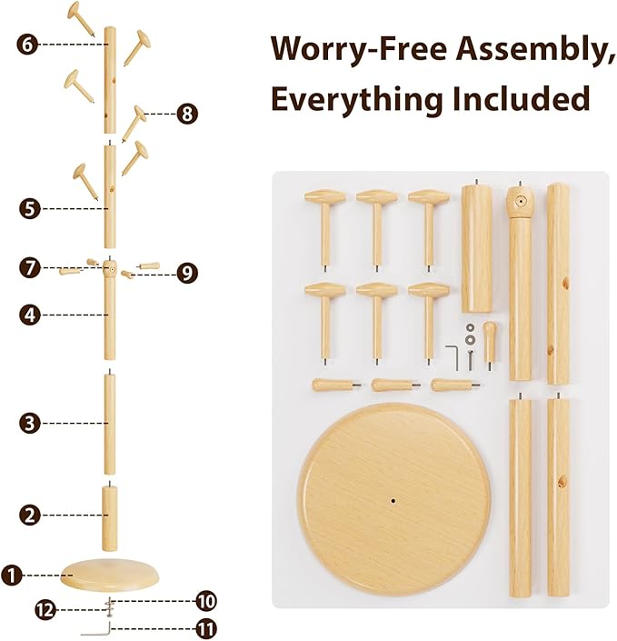 Solid Wood Coat Rack Freestanding Coat Tree with 10 Hooks for Bedroom, Livingroom, Entryway, Sturdy Coat Hanger Stand for Hats, Coats, Scarves, Handbags, Purses-DeskLoop Office