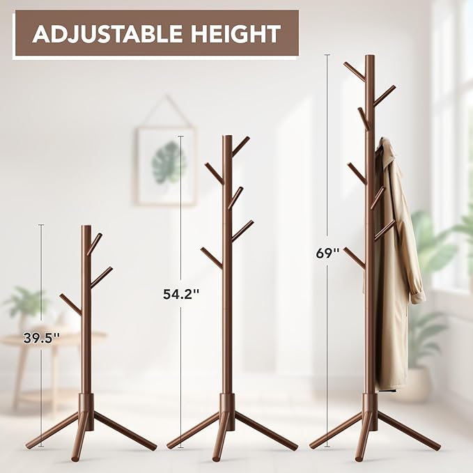 Wooden Tree Coat Rack Stand,Sturdy Freestanding Coat Rack with 8 Hooks,3 Adjustable Height for Child Adult,Wood Coat Stand Tree Fits Entryway Bedroom Office for Bags,Hats, 2 Pack-DeskLoop Office