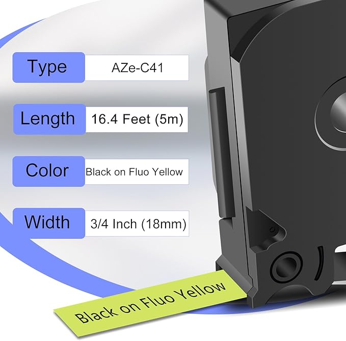 2 Pack Compatible for Ptouch TZe-C41 TZ-C41 TZe TZ Label Tape 18mm 0.7'' Laminated Black on Fluo Yellow Label Maker Tape for PT-D600 PT-D610BT PT-D600VP PT-P710BT PT-P750W