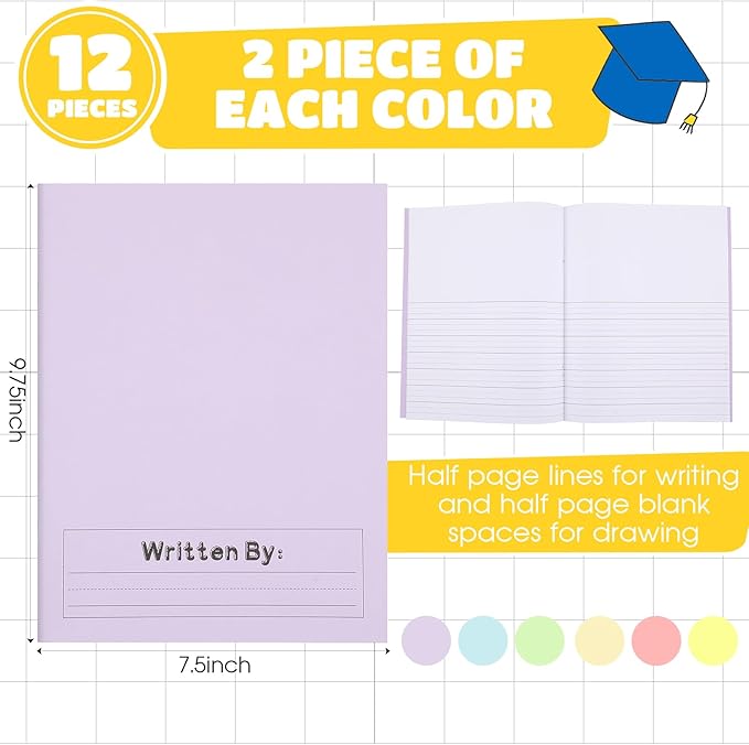Henoyso 12 Pcs 120 Pages Primary Composition Notebooks K-2 9 3/4 x 7 1/2 Inch Journals Primary Journals Blank Books for Kids to Write Stories Kindergarten (Light Color)-DeskLoop Office