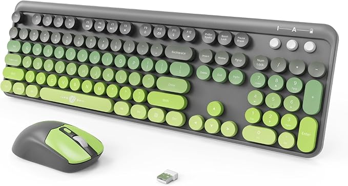 FOPETT Wireless Keyboard and Mouse Combo, 104 Keys Full-Sized 2.4 GHz Round Keycap Colorful Keyboards, USB Receiver Plug and Play, for Windows, Mac, PC, Laptop, Desktop (GreyGreen)-DeskLoop Office