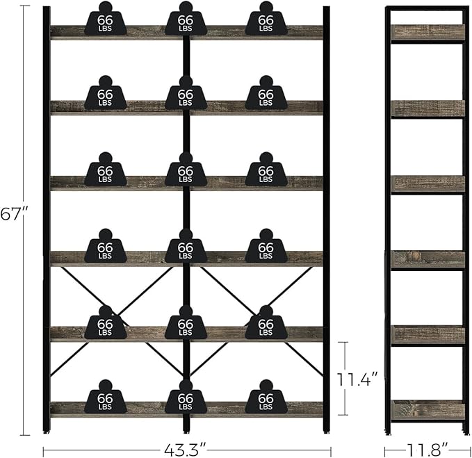 Seventable Bookshelf 6 Tier with 4 Hooks，67”Industrial Wooden Bookcase, Vintage Storage Rack with Open Shelves, Rustic Standing Bookshelves Metal Frame 43.3” Wide Display Rack, Gray-DeskLoop Office