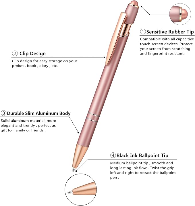Aozora 9 Pack Ballpoint Pens Smooth Writing 2-in-1 Stylus Retractable Ballpoint Pen with Stylus tip, Office Decor Metal Stylus Pen for Touch Screens, 1.0 mm Black Ink (Assorted)