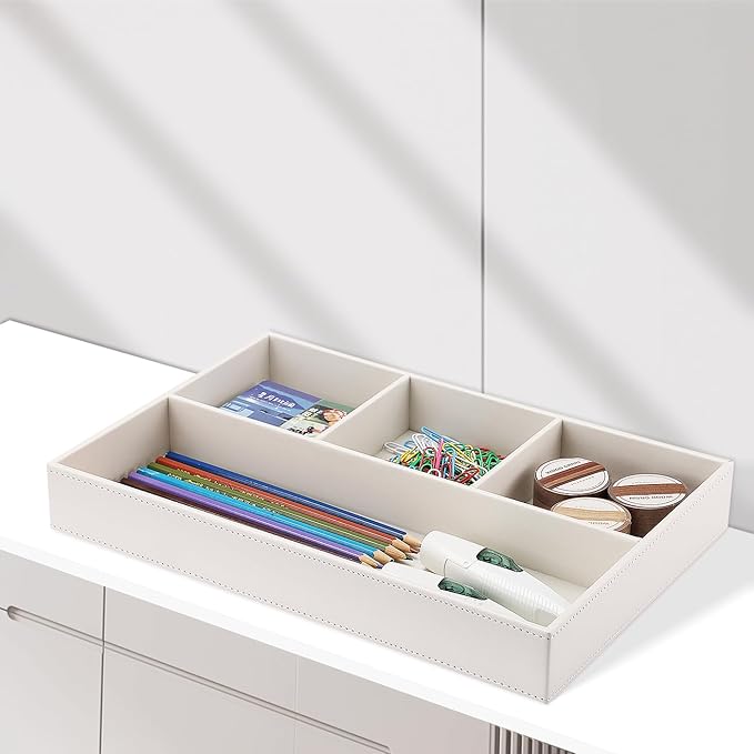 KINGFOM PU Leather Desk Drawer Organizer, 4 Compartment Office Supplies Stationery Storage Tray, Desk Organizers and Accessories Drawer Organizer Tray for Home, Makeup, Jewelry Stackable White-DeskLoop Office