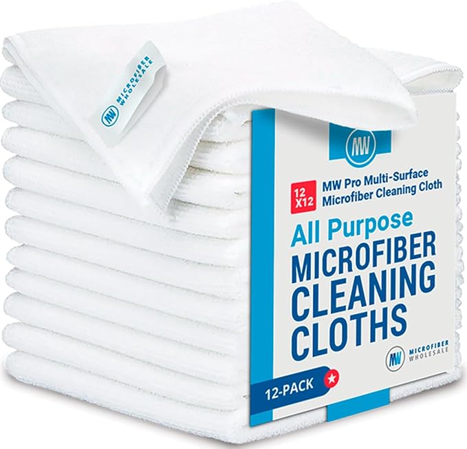 12" x 12" MW Pro Multi-Surface Microfiber Cleaning Cloths | White - 12 Pack | Premium Microfiber Towels for Cleaning Glass, Kitchens, Bathrooms, Automotive, Supplies & Products-DeskLoop Office