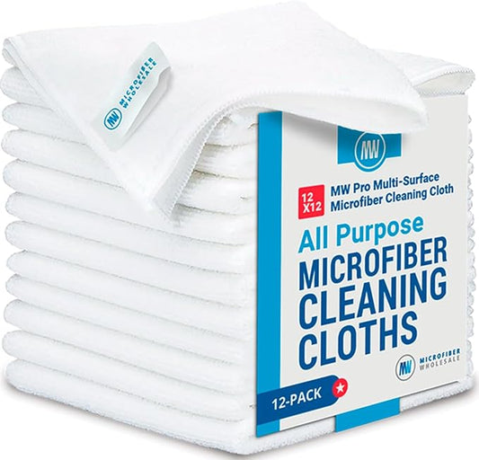 12" x 12" MW Pro Multi-Surface Microfiber Cleaning Cloths | White - 12 Pack | Premium Microfiber Towels for Cleaning Glass, Kitchens, Bathrooms, Automotive, Supplies & Products-DeskLoop Office