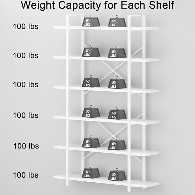 HSH 6 Tier Tall White Bookshelf, Industrial Modern Vertical Metal and Wood White Bookcases 6 Shelf,Farmhouse Open Large Storage Book Shelves & Display Book Shelf for Bedroom Living Room Office-DeskLoop Office