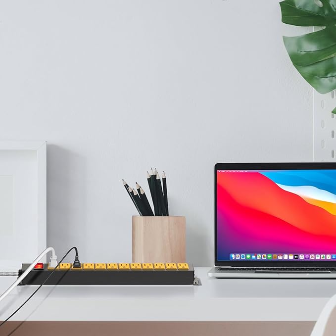 12 Outlet Heavy Duty Power Strip with 15A Circuit Breaker,Metal Wall Mount Power Strip for Garage Workshop Industrial 1200J 15A 125V 1875W 6ft Cord-DeskLoop Office