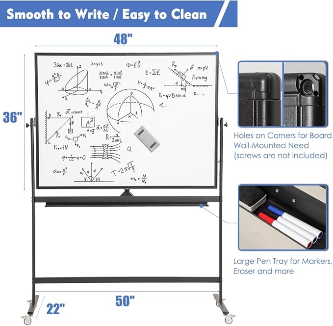 FORTUNO Magnetic Mobile Whiteboard 48"x36", Rolling Double Sided Dry Erase Board with Stand, Reversible Adjustable Height/Angle Easel White Board on Wheels 4' x 3' for Office Classroom Home, Black-DeskLoop Office