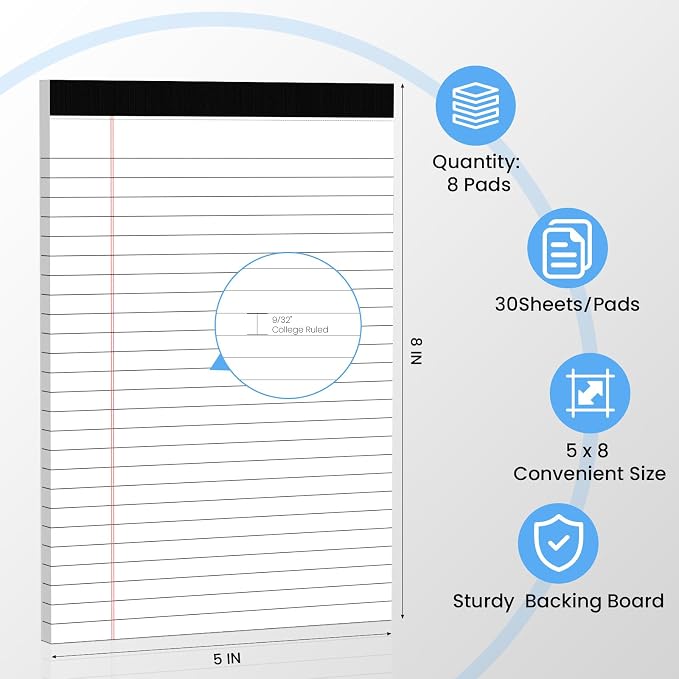 8 Pack Notepads 5x8, Small Legal Pads Narrow College Ruled, 30 Sheets/Pack - Image 2