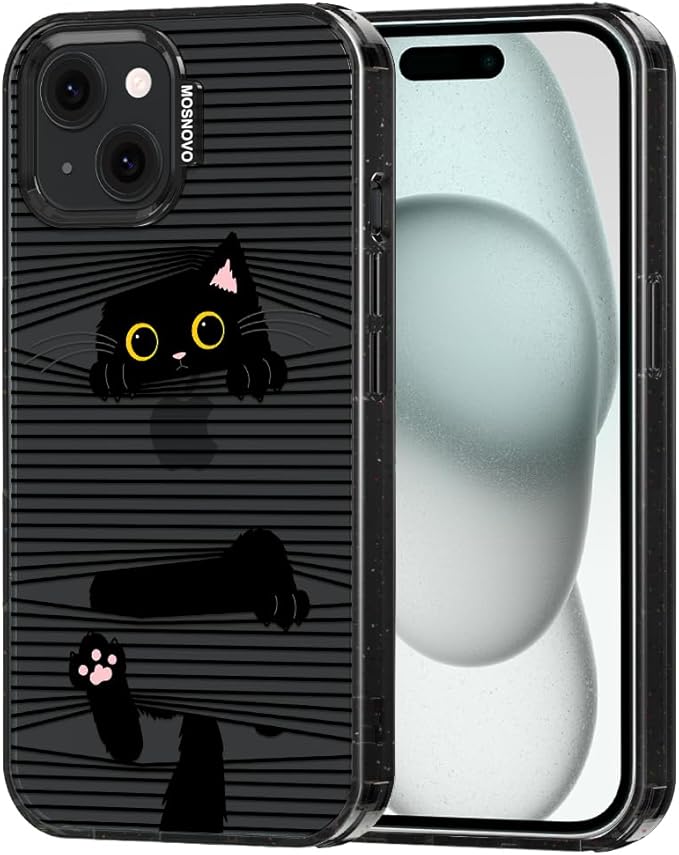 MOSNOVO Case for iPhone 15, [10ft 4X Military-Grade Drop Protection] Durable & Shockproof Phone Case Cover Design for iPhone 15 - Hidden Black Cat - Clear Black-DeskLoop Office
