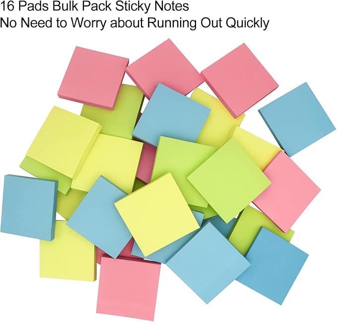 Sticky Notes 3x3, Self-Stick Notes, 16 Pads, 100 Sheets/Pad, Assorted Colors Stickies, Easy to Post Notes for Study, Works, Daily Life (16)-DeskLoop Office
