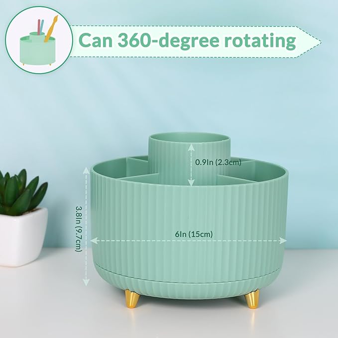 SKYDUE 360 Degree Rotating Desk Organizer, Dual-Purpose Pencil Pen Holder for Desktop, Rotating Desk Pen Organizer with 5 Slots, Pencil Cup for School, Home, Office Supplies (Bean Green)-DeskLoop Office
