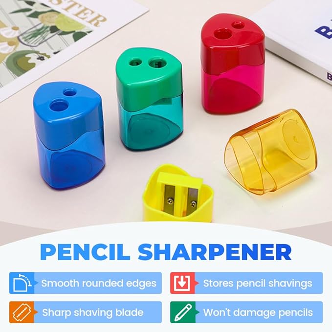 4 Pcs Pencil Sharpeners with Lid, Dual Holes Compact Colored Handheld Pencil - Image 3
