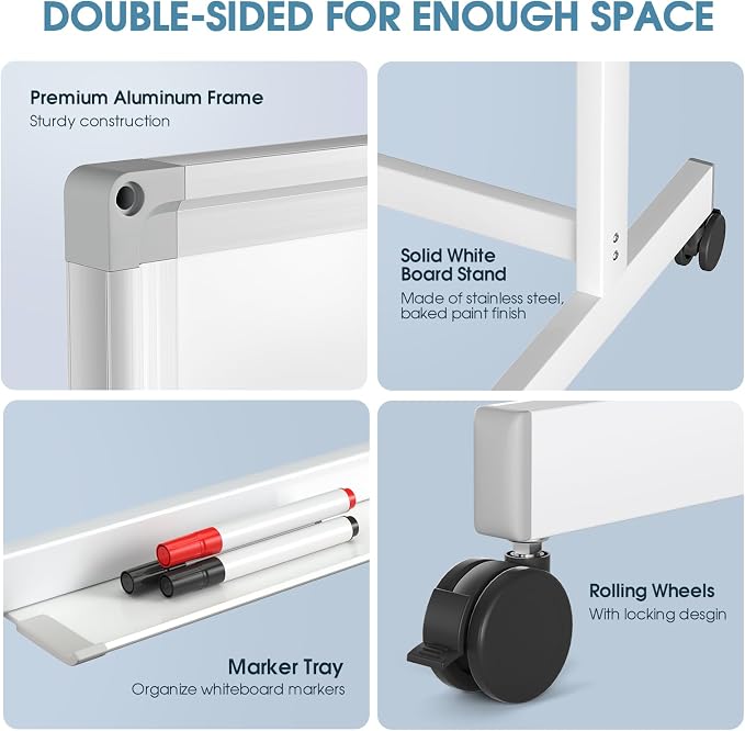MaxGear Rolling Whiteboard, 48 x 32 Inch Double-Sided Magnetic Dry Erase Board - Image 6