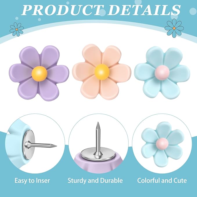 Sawysine 60 Pcs Cute Push Pins Decorative Push Pins Thumb Tacks Colorful Flower - Image 3