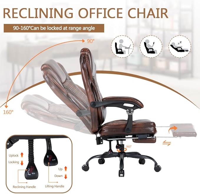 Ergonomic Office Chair with Foot Rest, Executive Chair with Footrest PU Leather Computer Chair, Big and Tall Chair Reclining Desk Chair, Thick Padded Coil Spring Seat, 400 lbs Capacity (Brown)-DeskLoop Office