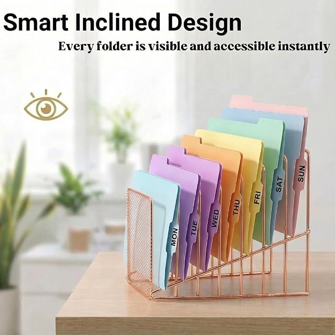 Rose Gold Desk Organizer 7 Slot Inclined Vertical File Folder Holder Sorter - Image 5