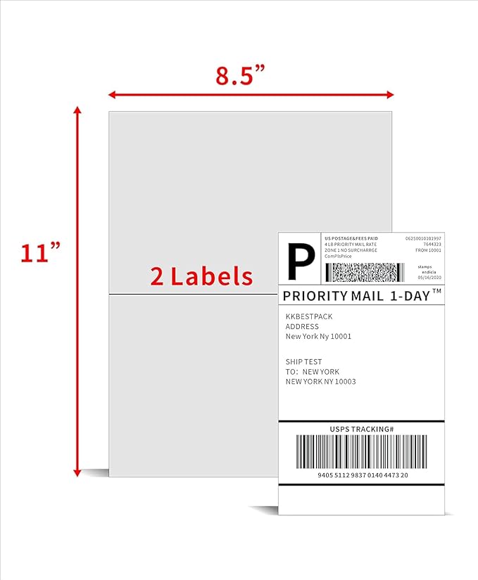 KKBESTPACK Half Sheet Shipping Labels for Laser and Inkjet Printers – 2 Per Page Self Adhesive Mailing Labels – White 8.5 x 5.5 (50 Labels)-DeskLoop Office